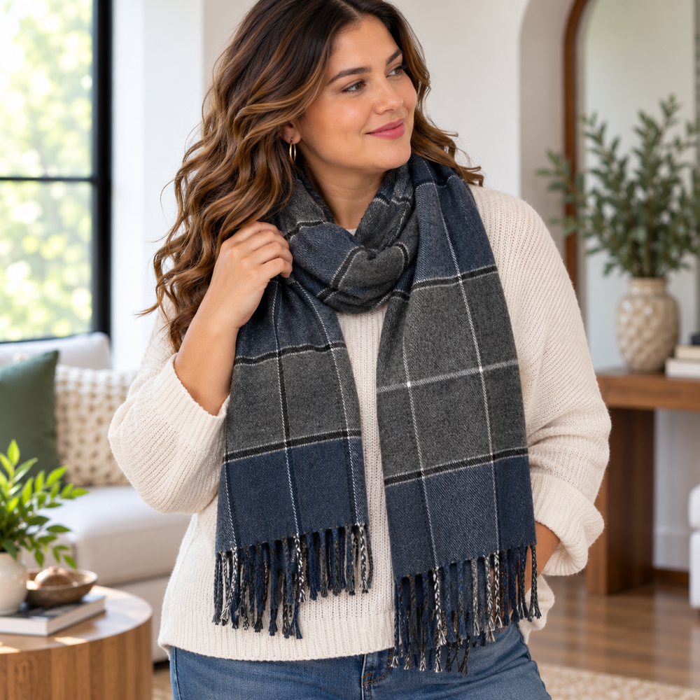 Flannel Scarf Women One Size Gray Scotch Plaid Fringe Lightweight Chic Career